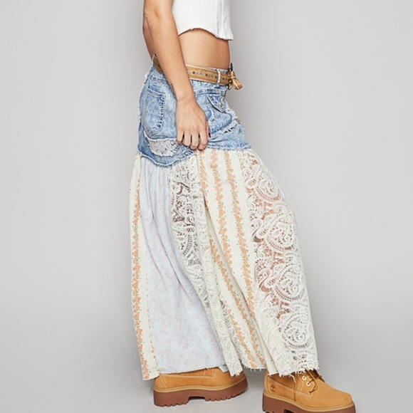 POL Light Wash Button Frayed Lace Floral Print Patchwork Maxi Skirt NWOT - Picture 2 of 5